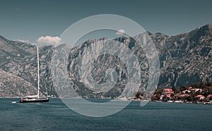 Walk on a beautiful yacht in the Bay of Kotor on the Adriatic Sea. Montenegro.