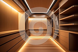 Walk in closet interior design, empty warm wooden walk in wardrobe in modern luxury and minimal style. generative ai