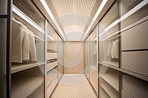 Walk in closet interior design, modern luxury and minimal style white walk in wardrobe dressing room. generative ai
