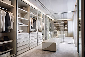 Walk in closet interior design, modern luxury and minimal style white walk in wardrobe dressing room. generative ai