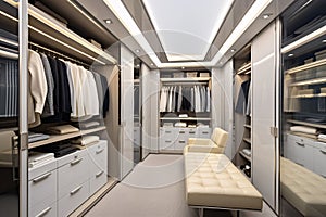 Walk in closet interior design, white walk in wardrobe in modern luxury and minimal style. generative ai