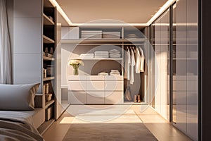 Walk in closet interior design, white walk in wardrobe in modern luxury and minimal style. generative ai