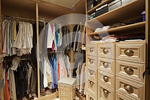 Walk in closet with organized clothing