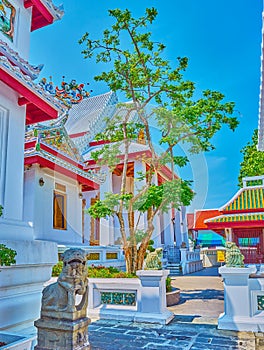 Walk in courtyard of Wat Bowonniwet Vihara complex, Bangkok, Thailand