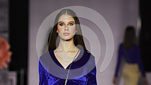 Walk defile girl colorful dress catwalk model show closeup vogue. Woman podium.
