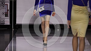 Walk defile girl colorful dress catwalk model show closeup vogue. Woman podium.