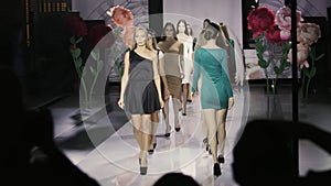 Walk defile slow motion girl colorful dress catwalk model show closeup vogue 4K.