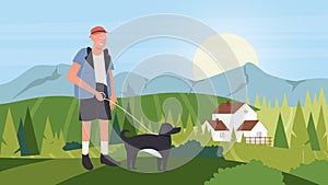 Walk with dog, cartoon happy owner man walking with domestic animal companion, pet dog friend