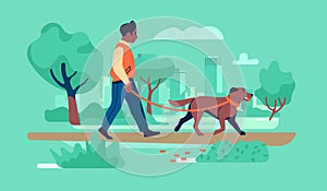 Walk with dog. Man promenades in city park with pet on leash. Owner with four legged friend. Outdoor stroll activity