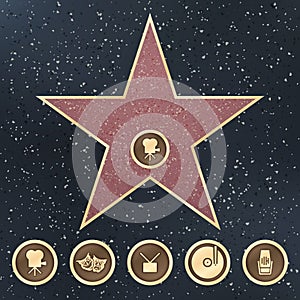 Walk of fame star granite sign on sidewalk with Hollywood Film Academy categories vector icons photo