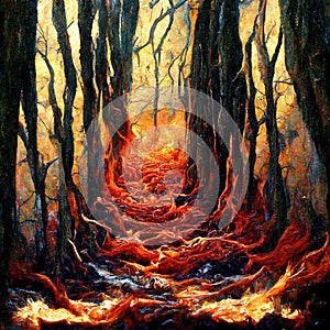 Walk of fire, forest fire drawn, ai generated image