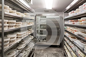 walk-in freezer with shelves stacked full of frozen foods and ice cream