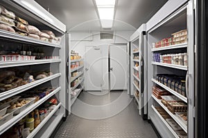 walk-in freezer with shelves stocked with frozen foods and drinks