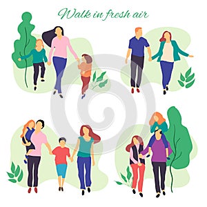 Walk in fresh air. Vector stylized illustration of active young family. Healthy lifestyle.People in the park vector flat illustrat
