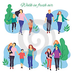 Walk in fresh air. Vector stylized illustration of active young family. Healthy lifestyle.People in the park vector flat illustrat