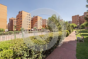 Walk between gardens in the common areas of a residential housing