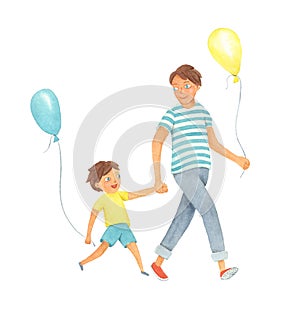 The walk. Hand drawn watercolor illustration of father and son walking. dad with his son walking with balloons