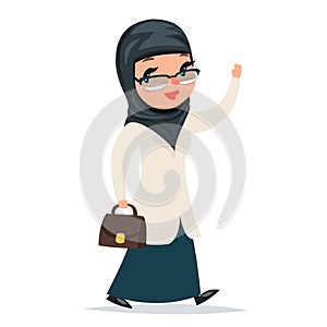 Walk Home Treatment Female Girl Cute Arab Doctor with Case Greets Hand Character Isolated Icon Medic Retro Cartoon
