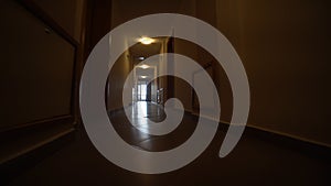 walk through hotel corridor, low angle