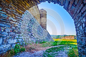 Walk through the medieval arch on the backside of Kamianets-Podilskyi Castle, Ukraine