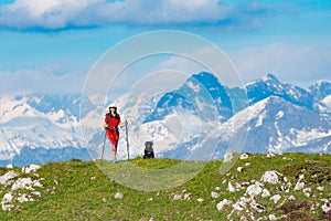 A walk in the mountains a woman with her dog friend