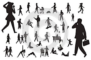 Walk people silhouette. Black figures of happy children woman young lady working man, walking person vector isolated set
