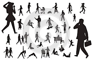 Walk people silhouette. Black figures of happy children woman young lady working man, walking person vector isolated set photo