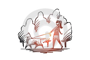 Walk, pet, dog, lifestyle, darling concept. Hand drawn isolated vector.