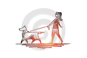 Walk, pet, dog, lifestyle, darling concept. Hand drawn isolated vector.