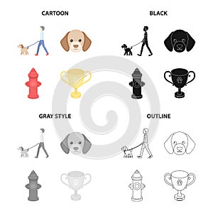 Walk with a puppy, a puppy`s muzzle, a hydrant, a cup.Puppy set collection icons in cartoon black monochrome outline