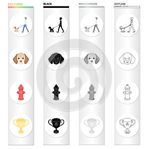 Walk with a puppy, a puppy`s muzzle, a hydrant, a cup.Puppy set collection icons in cartoon black monochrome outline