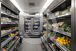 walk-in refrigerator, filled with stacks of fresh produce and other ingredients for cooking