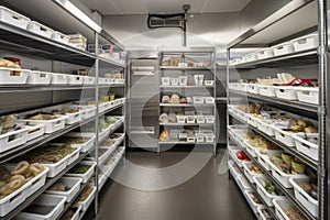 walk-in refrigerator with shelves and bins fully stocked with food