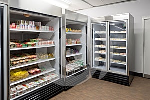 a walk-in refrigerator with shelves stocked with food and beverage products