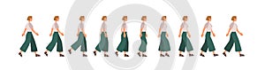 Walk sequence animation. Woman in motion, full moving cycle by steps. Female figure profile going. Gait movement phases