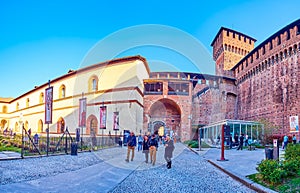 Walk throught the courtyards of Sforza`s Castle, the masterpiece of medieval architecture in Milan, Italy