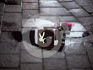 Walk traffic light reflecting in puddle on cross walk on a dark