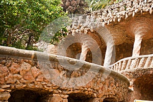 Walk way by Antoni Gaudi in park Guell