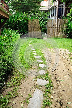 Walk way and bamboo fence in garden,