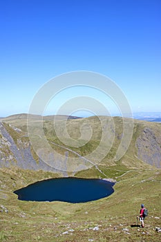 Walker on Blencathra looking at Scales Tarn