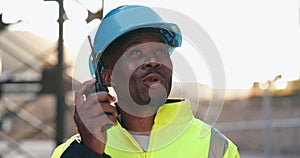 Walkie talkie, engineering and man construction worker on site for inspection with communication. Quality check