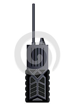 Walkie talkie icon for industrial use. Portable radio transceiver. Travel black portable mobile device. Vector