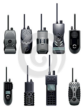 Walkie talkie icons for industrial use. Portable radio transceivers. Travel black portable mobile devices. Vector photo