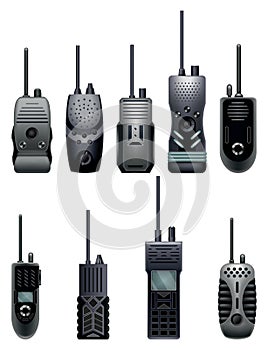 Walkie talkie icons for industrial use. Portable radio transceivers. Travel black portable mobile devices. Vector