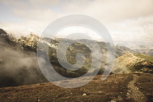 Walking above clouds in slovakian Tatra mountains - vintage retro look