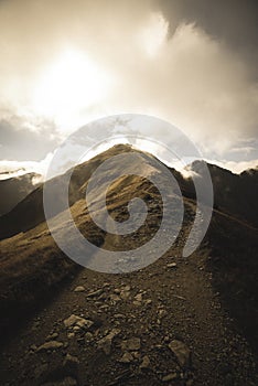 Walking above clouds in slovakian Tatra mountains - vintage retro look