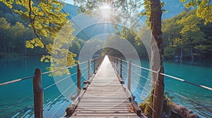 Walking Across a Scenic Hanging Bridge over a Sunlit Lake