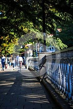 Walking along the sidewalk in Borjomi, Georgia.