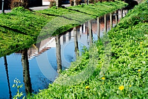 Walking along the small canal in old Dutch village, sunny Sunday