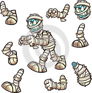 Walking angry cartoon mummy with different leg positions